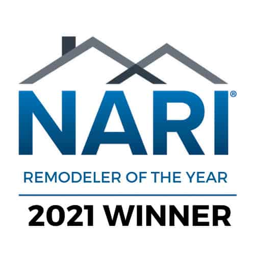 NARI Remodeler of the Year 2021 Winner NARI Remodeler of the Year 2021 Winner logo, featuring two overlapping roof outlines above the bold blue text "NARI" and the smaller blue text "Remodeler of the Year," with "2021 Winner" in black text below, highlighting an award-winning remodeling company.
