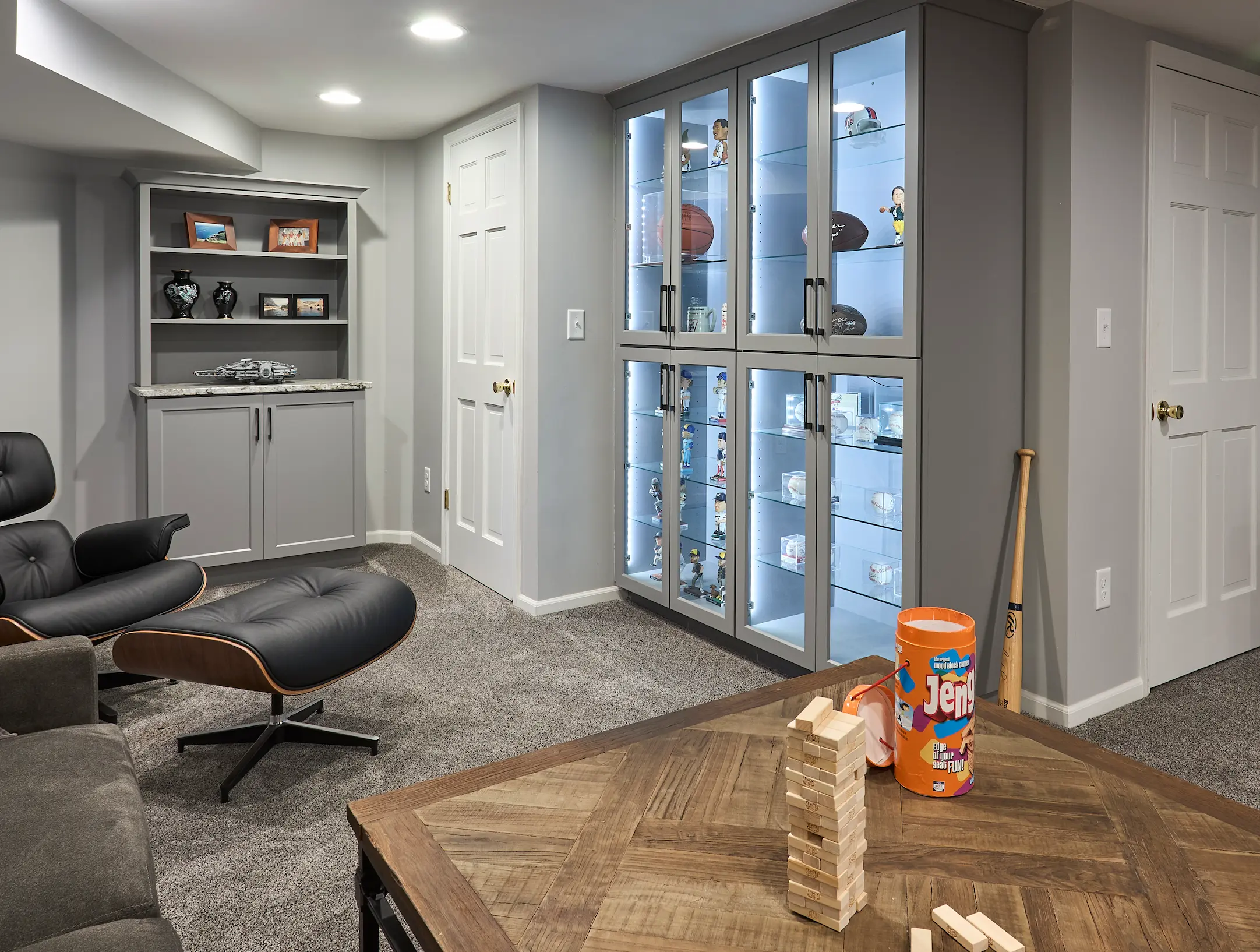 Built-in storage integrated into a finished lower-level living space